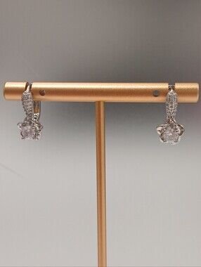 New! 18k White Gold Flower Drop Earrings with CZs Snap Back